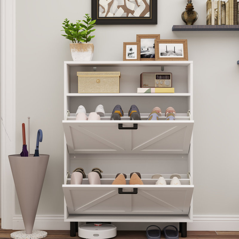 Rangement étroit pour chaussures avec porte de grange et poignées en métal - Tablettes réglables d'armoire de style blanc antique