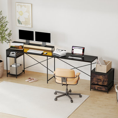 Convertible L-Shaped Desk with Cabinet and Monitor Shelf Reversible Computer Desk with Power Outlet for Gaming, Home Office