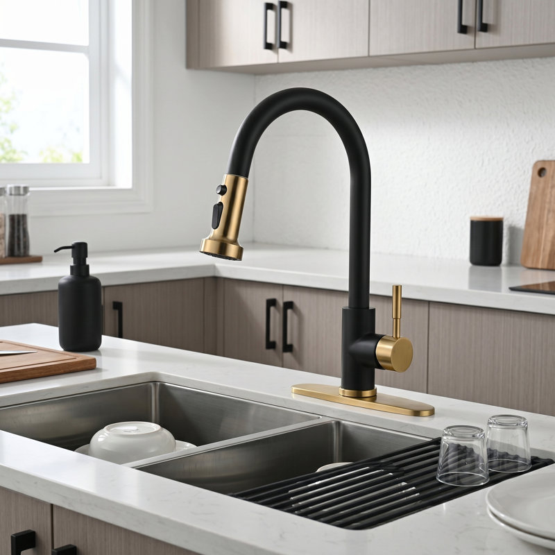 Pull Down Single Handle Kitchen Faucet with 3-Modes Advanced Spray, Gold/Matte Black