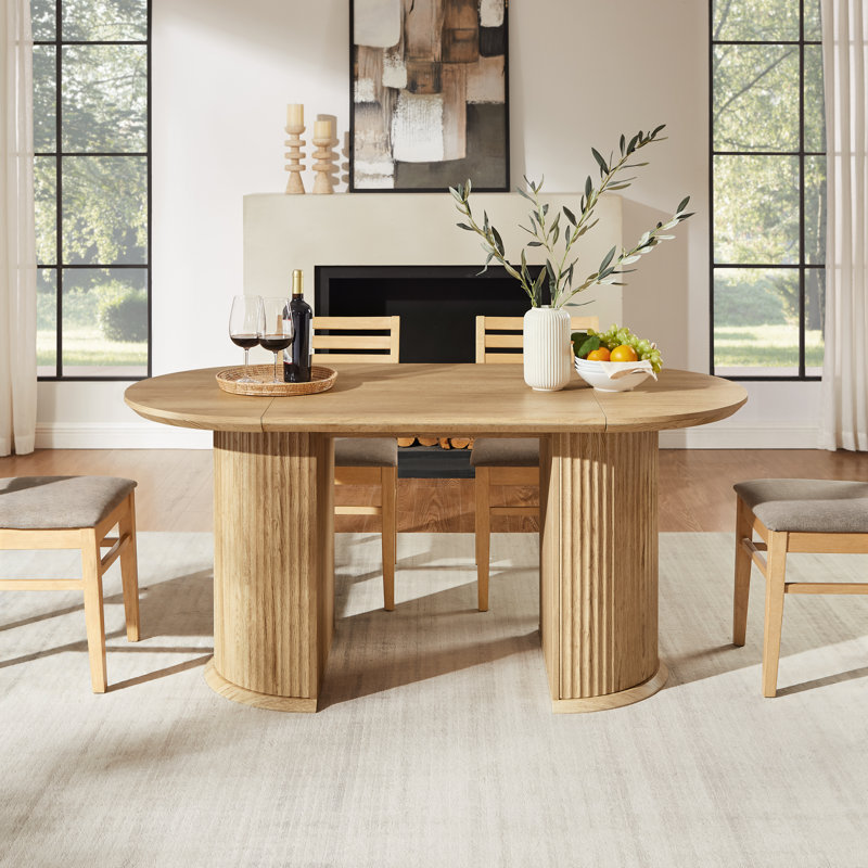 63" Fluted Oval Dining Table Double Pedestal Kitchen Table For 4-6 With Thickened Edge & Semi-Cylindrical Base, Natural Oak