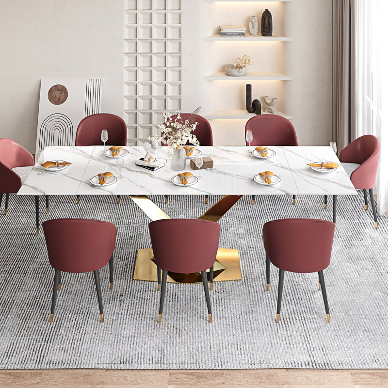 Table de salle à manger extensible de 63 à 94,5 po pour 8 à 10 personnes avec plateau rectangulaire en pierre frittée et base en acier