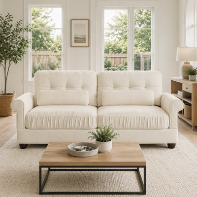 Canapé 2 places en chenille, coussin d'assise à bord froncé, accoudoirs arrondis avec coussins de soutien lombaire, assise ferme et moelleuse, montage rapide, idéal pour les petits espaces (appartement, salon, chambre).
