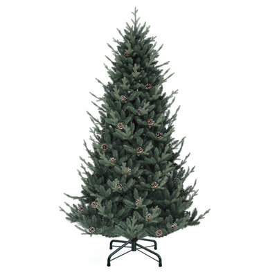 Pre-Lit Green Spruce Christmas Tree With Adjustable Lighting And Pinecones