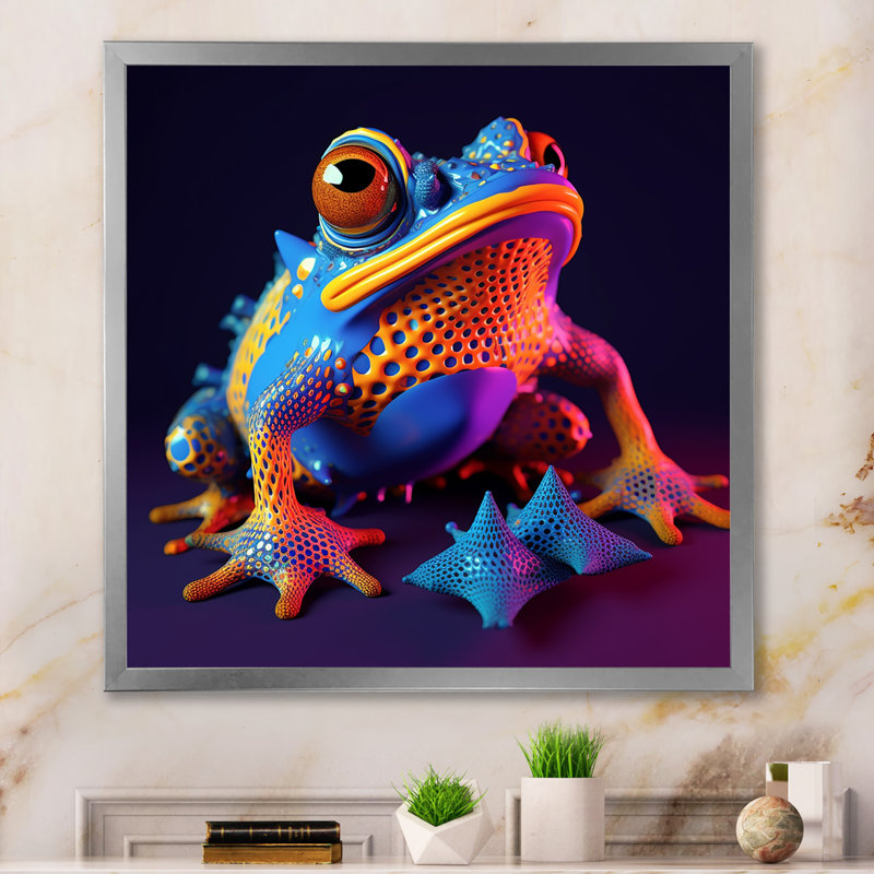 3D Neon Frog I - reproduction sur toile, Cadre simple argenté, H 36 po x l 36 po x P 1,5 po