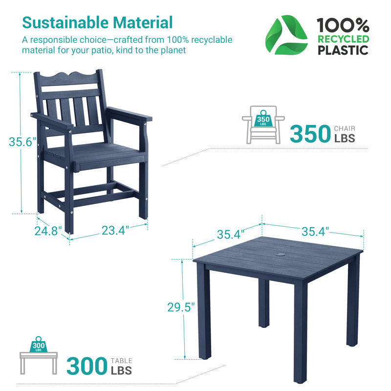 5 PCS Outdoor HIPS Dining Set, All-Weather Patio Table and Chairs W/ Umbrella Hole, Low Maintenance for Porch, Backyard, Navy