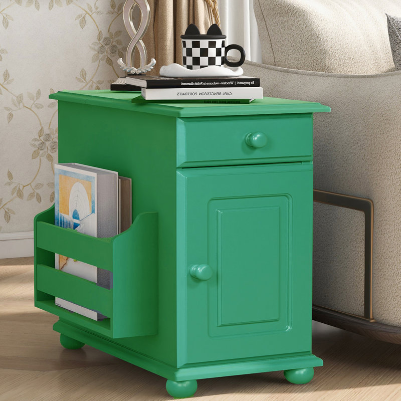 Table d'appoint à plateau rabattable avec ports USB, un tiroir multifonctionnel avec porte-gobelets, Vert