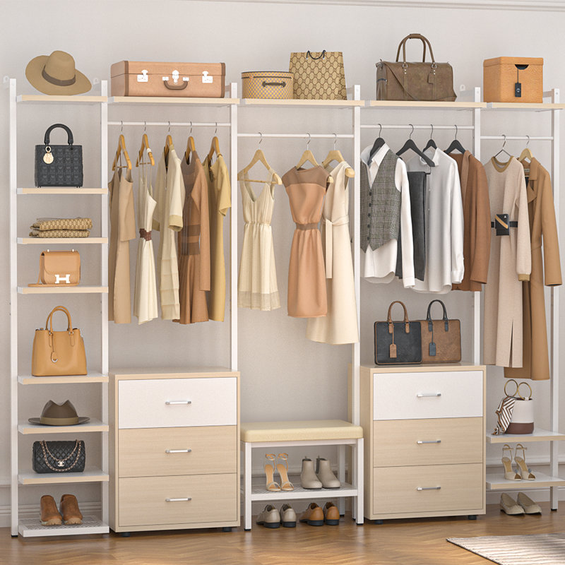 68"-96" Closet Organizer With 6-Drawers,4 Clothing Rack, Beige Wood