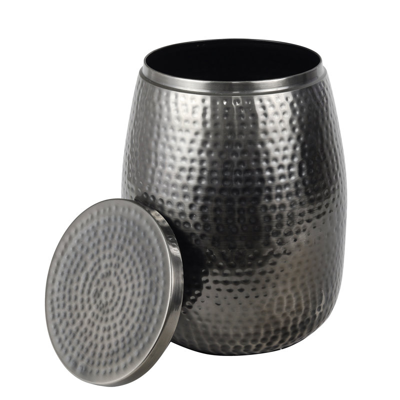 Merida 15" Modern Rustic Hammered Metal Drum Storage Side Table with Lid, Dark Gray