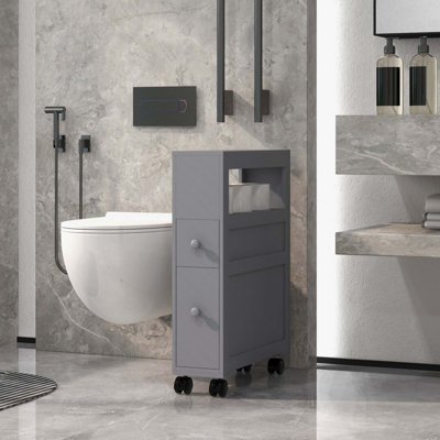 6.25" X 20.5" X 28.25" Wood Rolling Narrow Bathroom Side Storage Cabinet