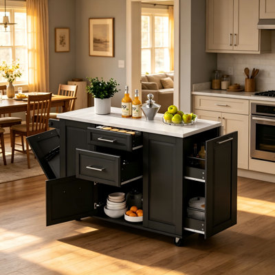 Îlot de cuisine 50,7 po avec rangement pour armoire à ordures inclinable et rangement escamotable