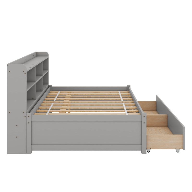 Bed With Side Bookcase And Drawers, Full, Gray