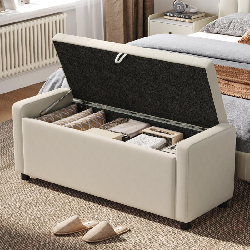 Banc de rangement rembourré Benedetto, Velours beige Mila