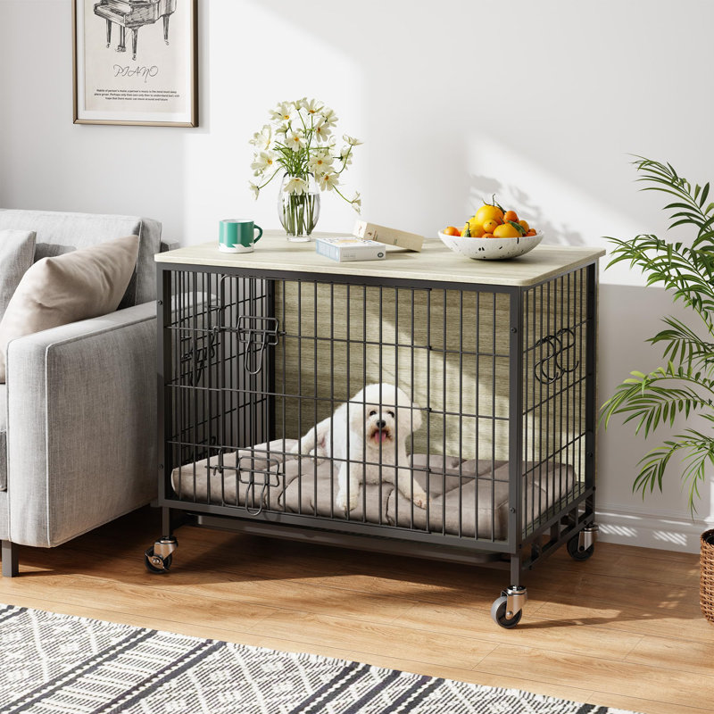 Meuble de cage pour chien moderne avec roulettes - grand et moyen chenil d'intérieur de 38,6 po - portes doubles, plateau amovible, structure en métal résistant au masticage, table de bout, gris pin et noir