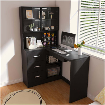 L-Shaped Computer Desk with Glass Cabinets & Customizable LED Lighting, Home Office Desk with USB Charging Ports & Keyboard Tray, Ergonomic Corner Desk for Work & Gaming