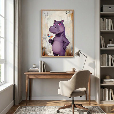 Hippo Cocktail Canvas Framed Wall Art Set Of 1，36x 48 inch