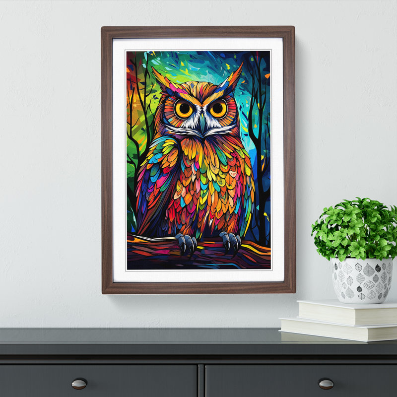 Owl Pop - Single Picture Frame Print on Wood, Walnut , 46cm H x 34cm W x 2cm D
