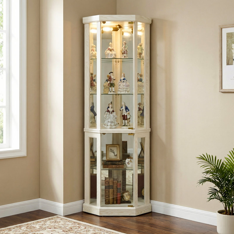 Vintage Lighted Corner Curio Cabinet - Detachable, Anti-Fall Hardware, ISTA 3A, Easy Assembly, Cream