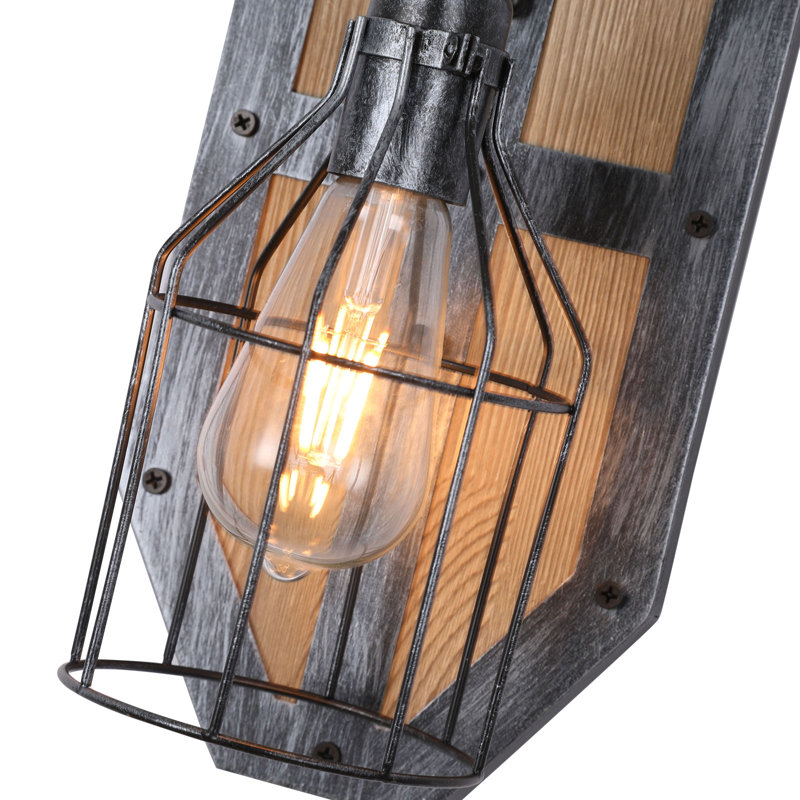 Applique murale industrielle 14,7 po avec cage en métal et base en bois