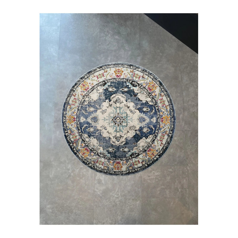 Navy Blue Tone Multicolored Traditional Motif Patterned Vintage Woven Base Round Decorative Rug, Round 3'4"