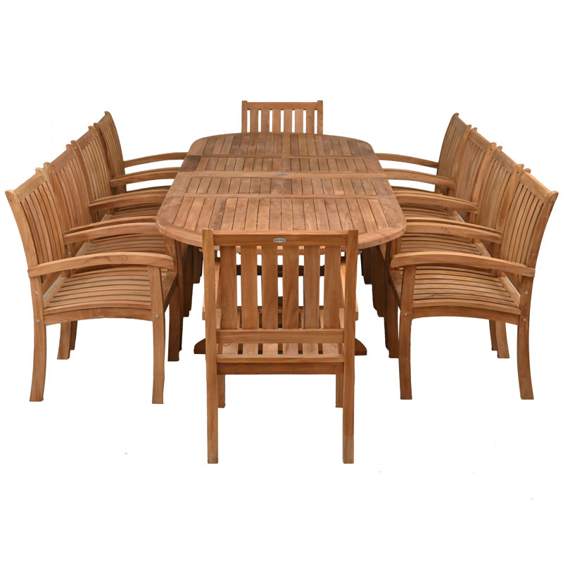 Ensemble de salle à manger 11 pièces en bois de teck avec table à rallonge ovale double et 10 chaises Abacho