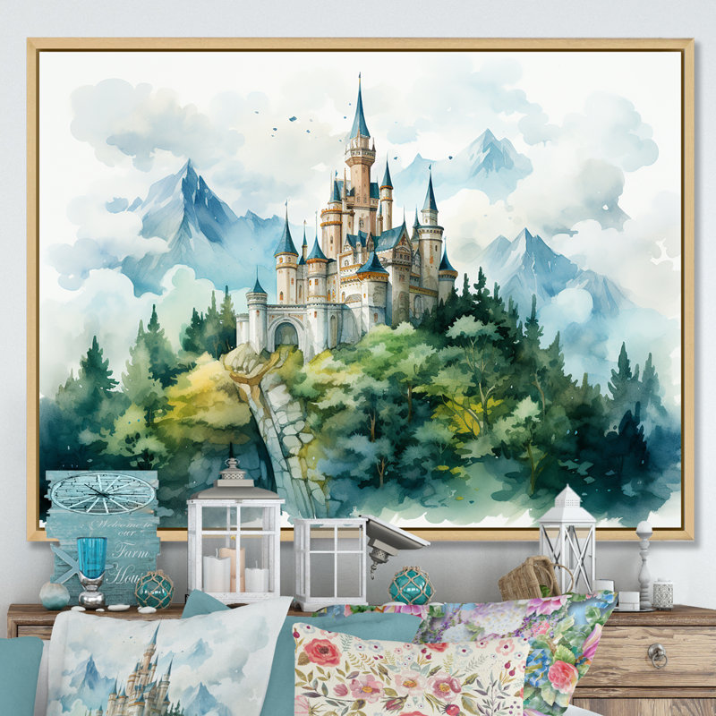 Montagnes médiévales, châteaux, art mural, Cadre flottant brun, H 12 po x l 20 po x P 1 po