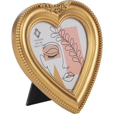 4" X 4" Gold Beaded Resin Heart Picture Frame With Glass Front