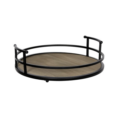 12” Round Decorative Tray – Black Metal And Wood Tray For Coffee Table, Vanity, Countertop, Home Decor