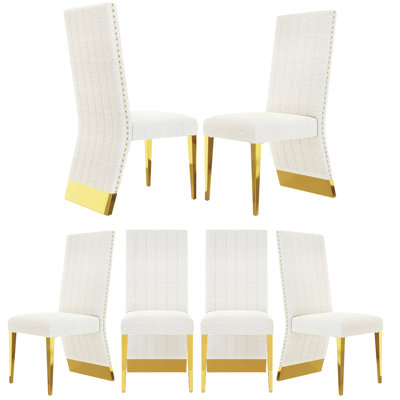 Ensemble de 6 chaises de salle à manger en velours blanc et doré avec pieds en métal doré poli