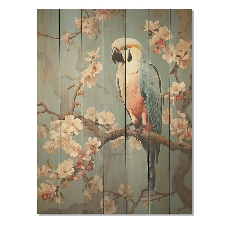 «Vintage Parrots Floral Paradise II» - impression de perroquet sur bois, H 20 po x l 10 po