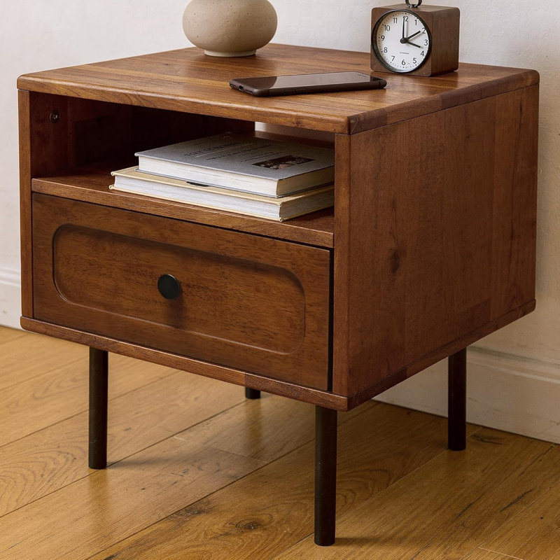 Mid Century Modern Nightstand, Solid Wood Nightstand with Storage Drawer and Open Shelf  - Heavy Duty 154lbs Capacity & Stress-Free Assembly - Real Wood Bedside Table with Metal Legs