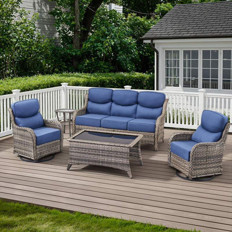 5-Piece Outdoor Wicker Patio Thick Cushion Sofa And Swivel Chairs Set With Coffee Table, Gray, Blue