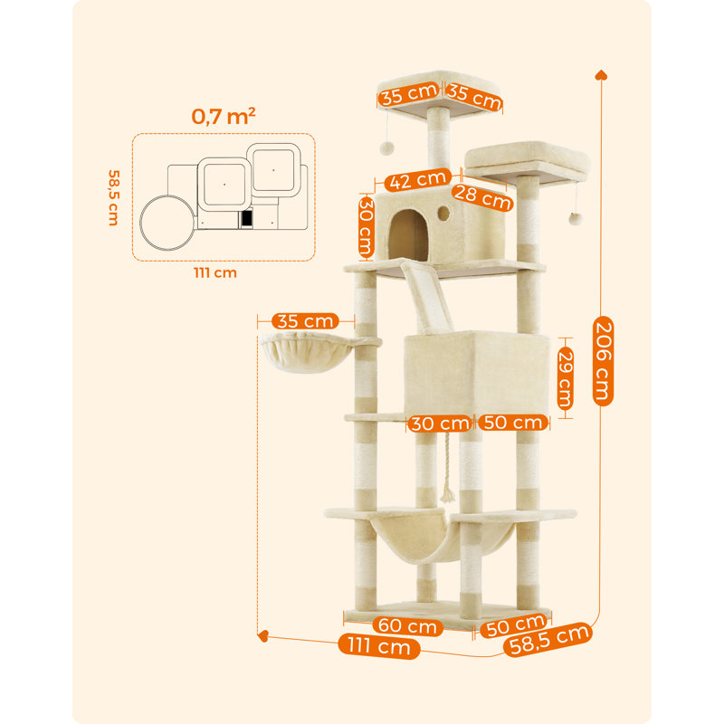 206cm H Cat Tree, 206cm H X 50cm W X 60cm D, Beige