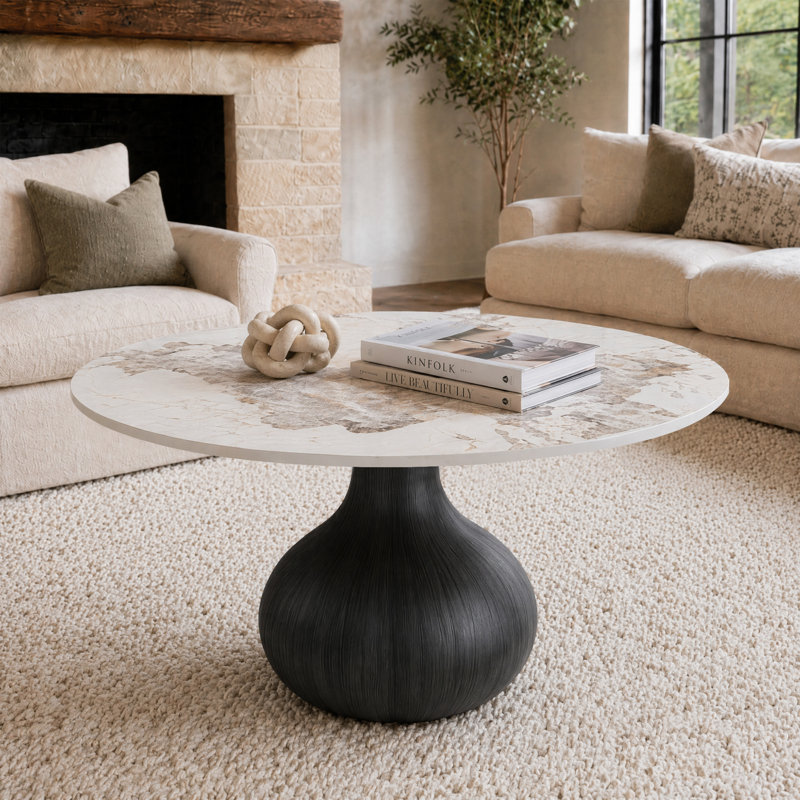 Table basse moderne en pierre frittée Jackline avec piédestal sculptural en bois, table de salon minimaliste de luxe - Assemblage facile et durabilité élevée