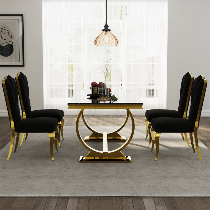 Ensemble de table de salle à manger luxueux et doré avec chaises en velours, 4, Noir / or / noir
