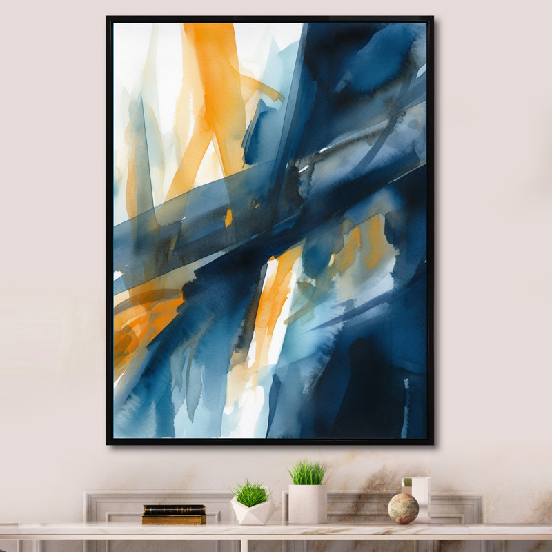 Fusion bleue et dorée sur toile, H 32 po x l 16 po x P 1 po, Cadre flottant noir