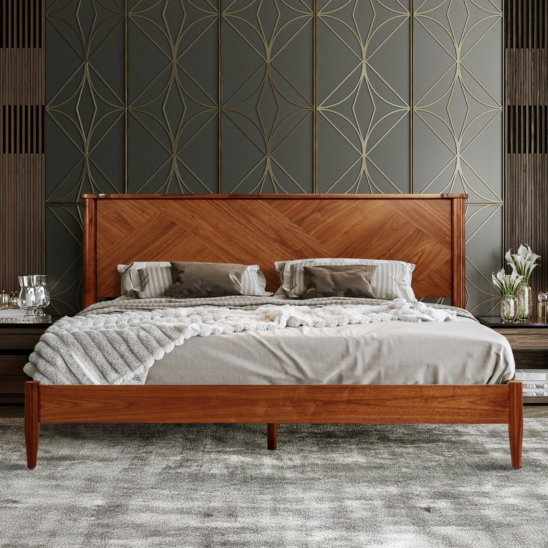 Panthera Solid Wood Bed Frame with Artistic Patterned Headboard, Queen, Walnut