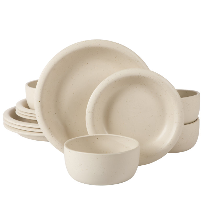 Bloomhouse Corcisa Clay 12 Piece Stoneware Reactive Glaze Dinnerware Set - Prosecco Blush Pink, White