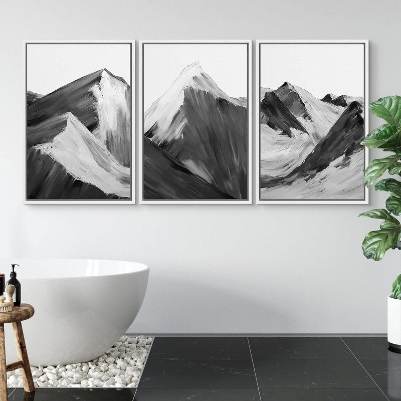 «Black and White Mountain», ensemble de 3 reproductions sur toile flottantes, H 36 po x l 24 po x P 1,5 po, Blanc