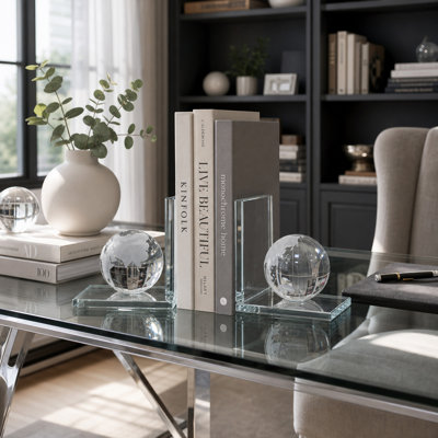 Decorative Glass Orb Bookends for Home Decor - Modern Bookends Perfect for Shelf Accent, Desk Styling, or Bookshelf Decor - Set of 2 Clear