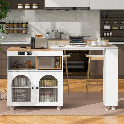 Îlot de rangement roulant pour cuisine avec 2 portes en verre cannelé, blanc, compact - table allongée, lumières DEL, ports, porte, blanc