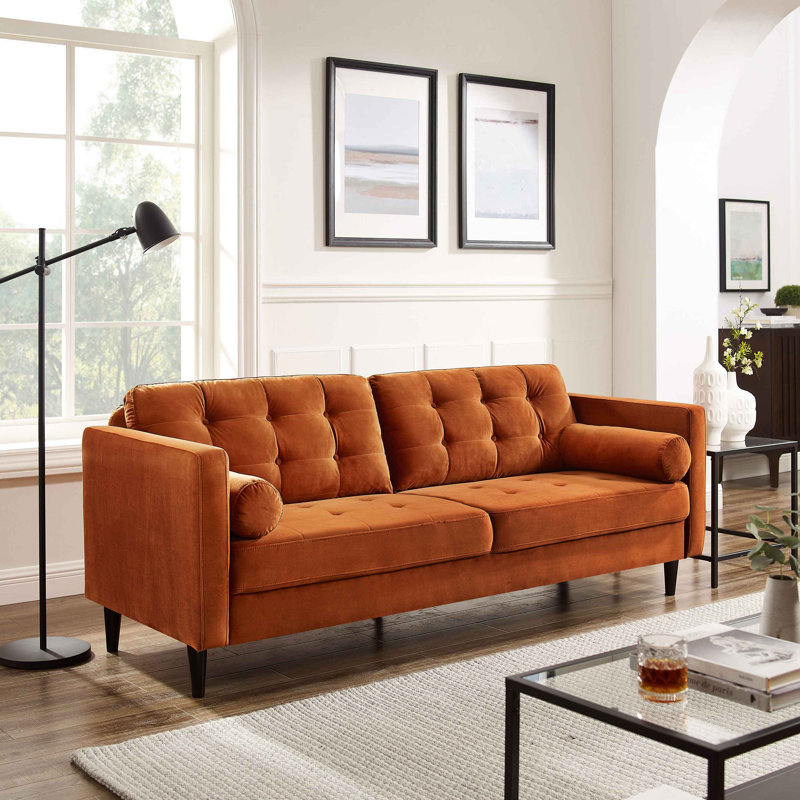 Tabitha 80.3" W Velvet Tufted Upholstred Tufted Square Arm Sofa, Curry Velvet