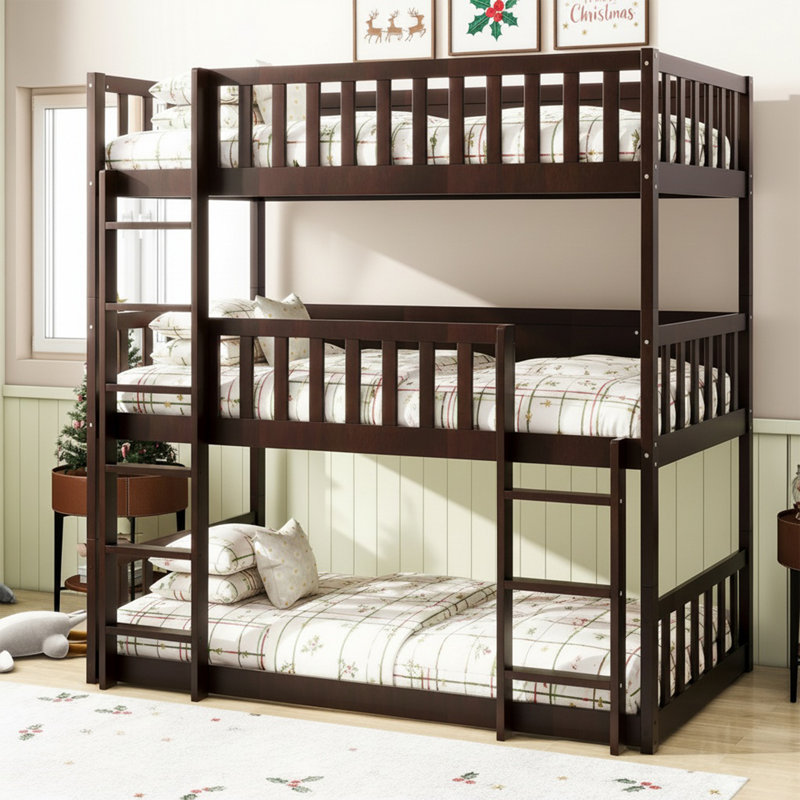 Modern Rubber Wood Twin Over Twin Over Twin Triple Bunk Bed - Detachable Design With Ladders & Full Guardrails, Astm F1427 Certified, Space-saving Furniture For 3 Kids/teens