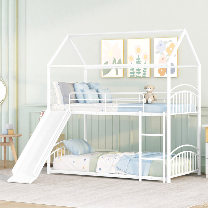 Lit superposé simple en métal avec glissade, lit pour enfant, White