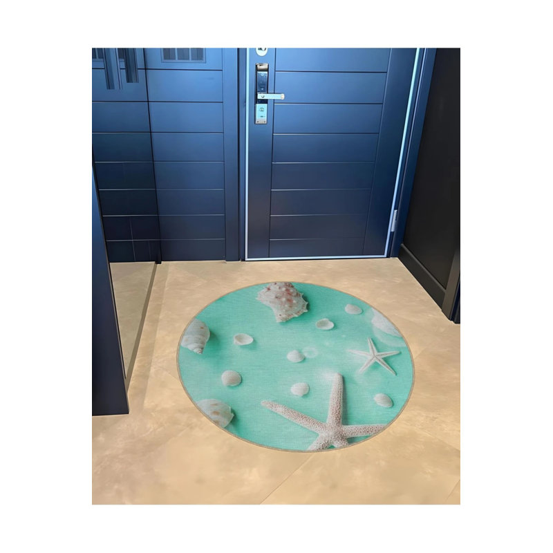 Turquoise Themed Starfish And Shell Patterned Round Woven Base Modern Decorative Carpet, Round 2'8"