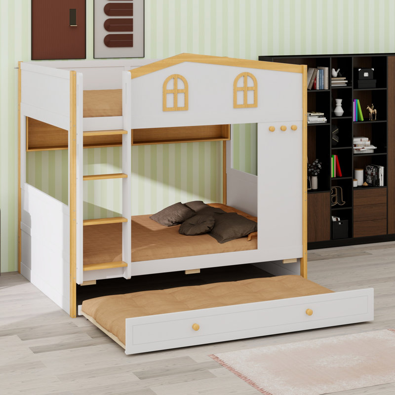Lit superposé avec garde-corps de style maison, tablettes et lit gigogne, Double sur double