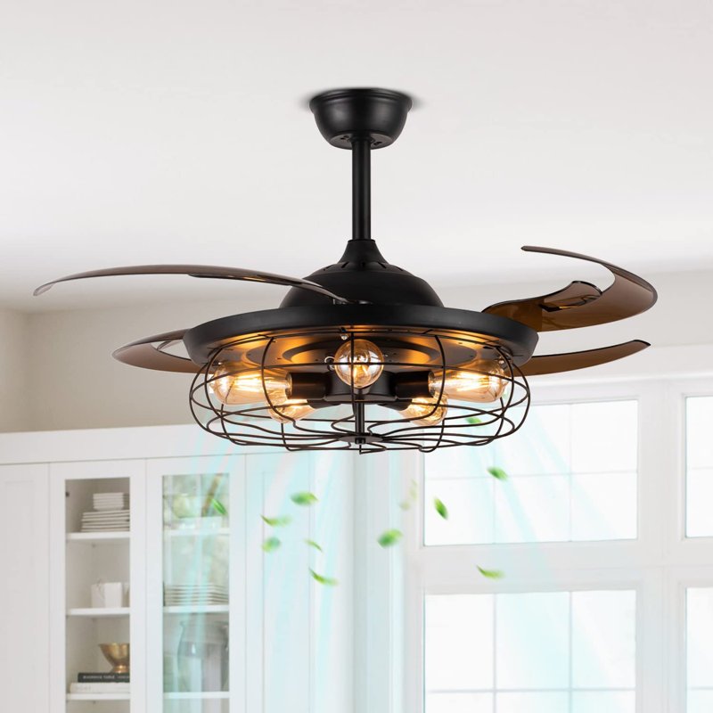 48'' Retractable Blades Ceiling Fan with Light and Remote Control, 48"