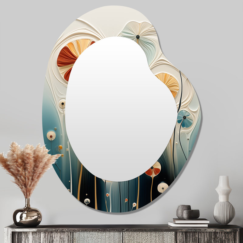 Manuela, fleur blanche contemporaine sur fond bleu sarcelle I - Botanicals, grand miroir asymétrique, forme unique, décoration murale