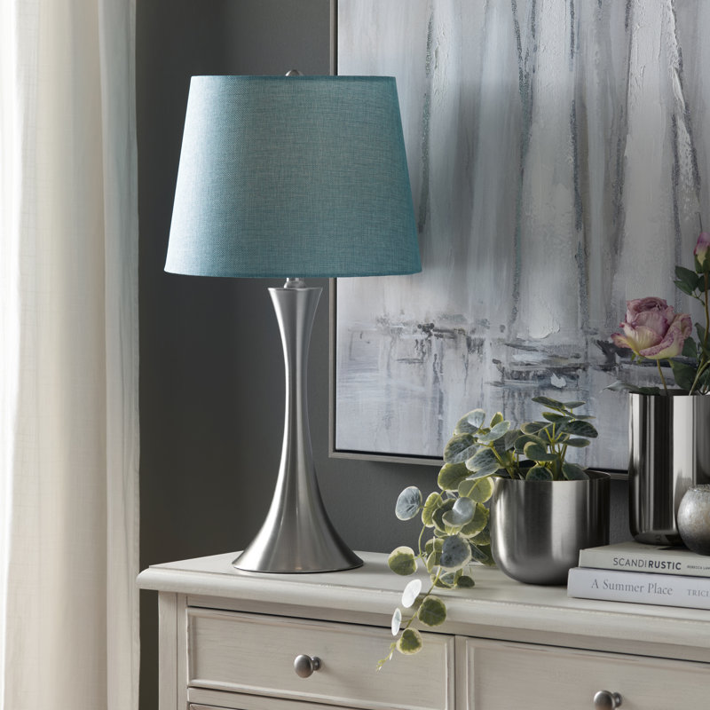 Set Of 2 Metal Table Lamp With Shade, Blue, Silver