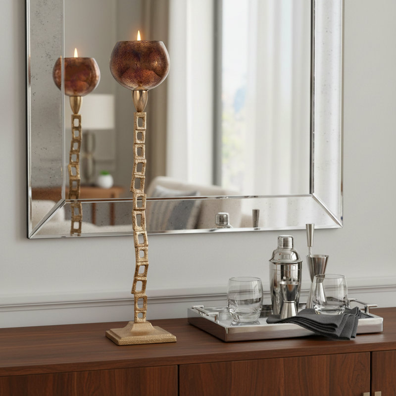 Modern Chain Link Candle Holder with Round Glass Top - Decorative Pillar Candlestick Holder for Tabletop or Floor Accent - Gold & Metallic