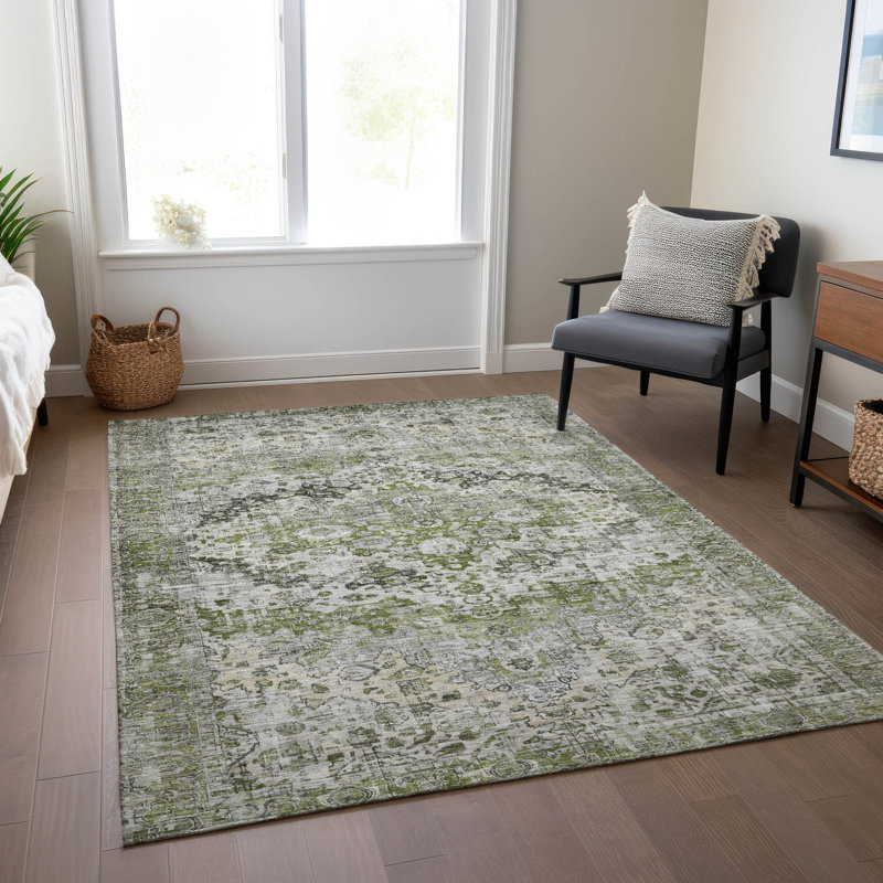 Aloe Green and Gray Synthetic Washable Rectangular Rug
